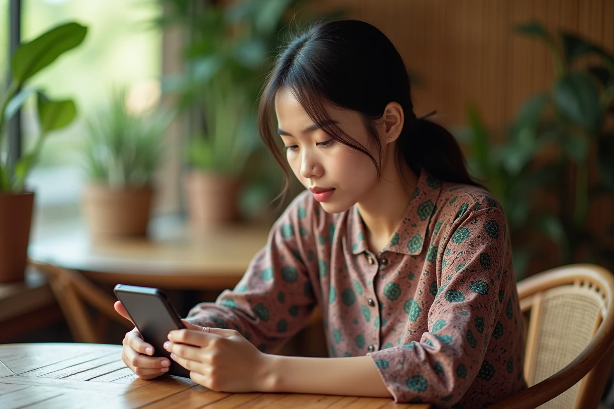 Jeune femme balinaise comparant l'heure de Bali et l'heure de Paris sur deux smartphones dans un café tropical