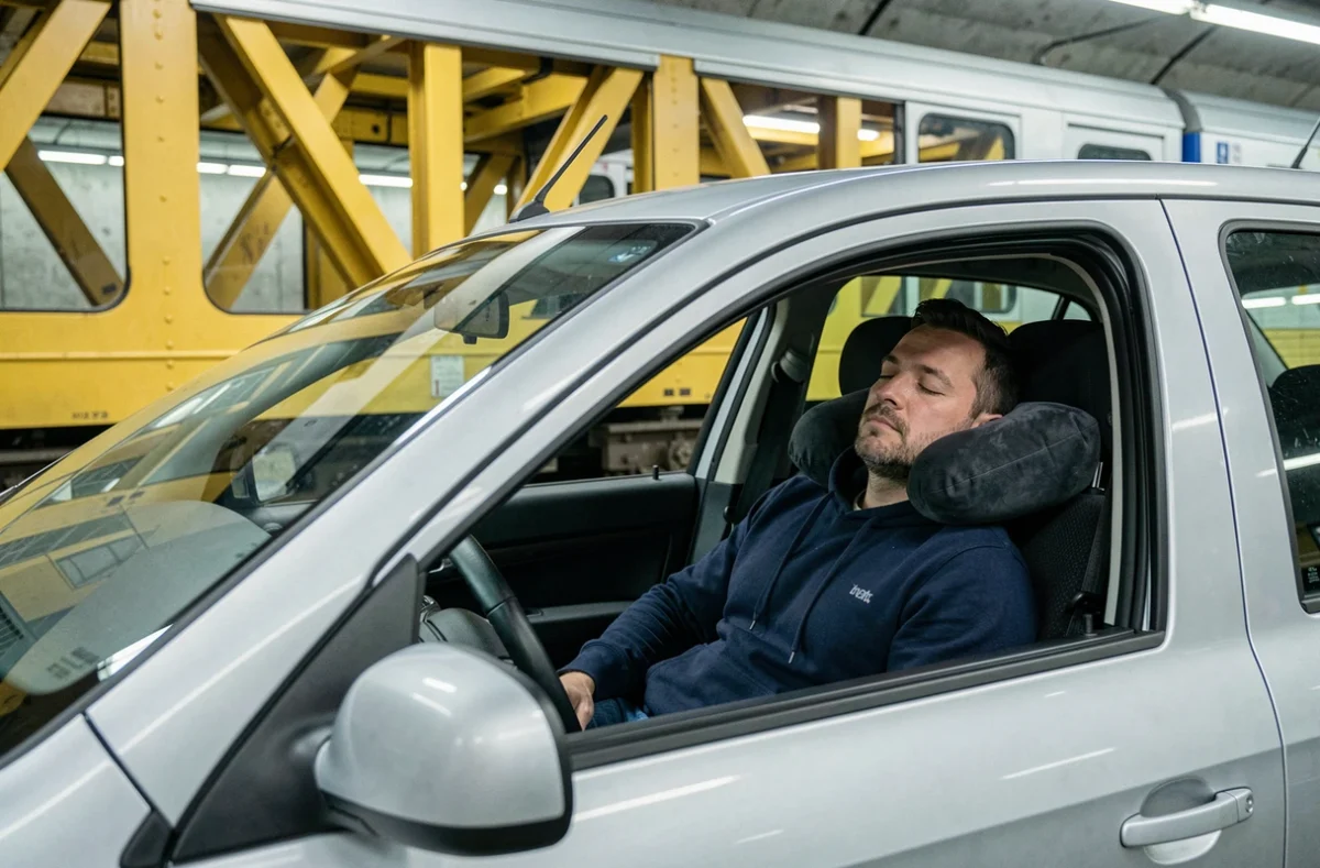 Homme endormi dans sa voiture à bord du train Eurotunnel sous la Manche avec oreiller de voyage