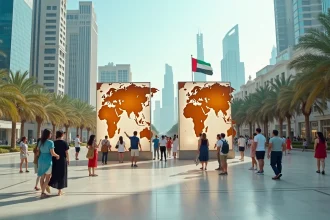Touristes examinant une installation cartographique en plein air à Dubaï montrant l'Asie et les Émirats arabes unis