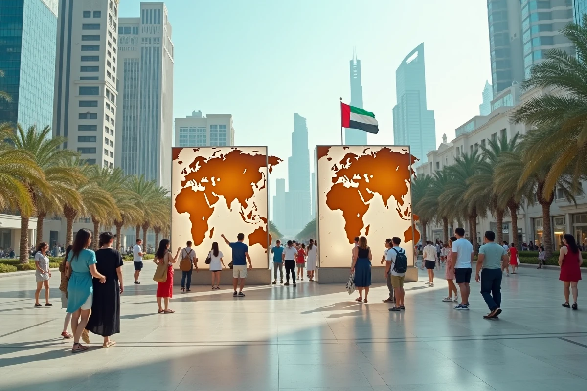 Touristes examinant une installation cartographique en plein air à Dubaï montrant l'Asie et les Émirats arabes unis