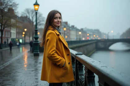 Femme en manteau jaune moutarde sur le Ha'penny Bridge à Dublin sous un ciel nuageux de novembre, reflets sur la rivière Liffey