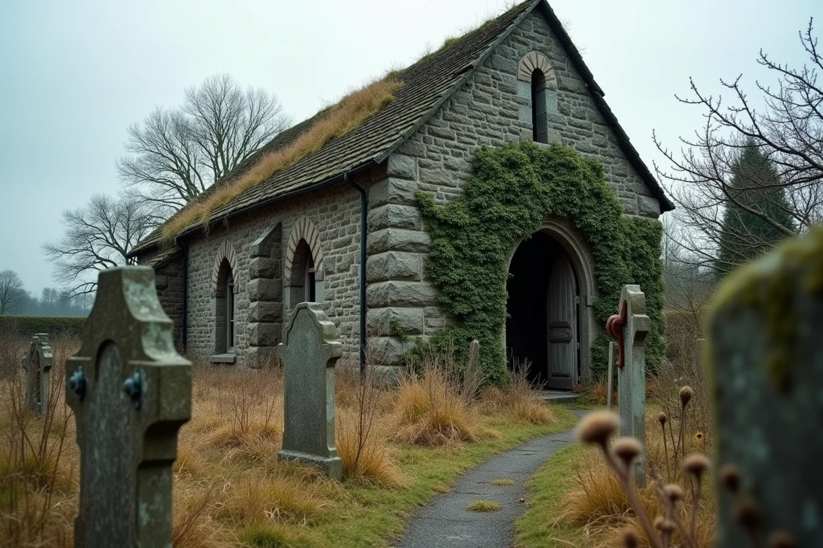 Église de village abandonné envahie par le lierre avec cimetière à l'abandon, pierres tombales penchées et végétation sauvage