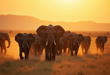 Pourquoi un safari change la perception du monde Herde d'elephants marchant dans la savane africaine au lever du soleil