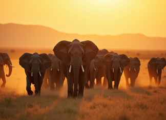 Herde d'elephants marchant dans la savane africaine au lever du soleil