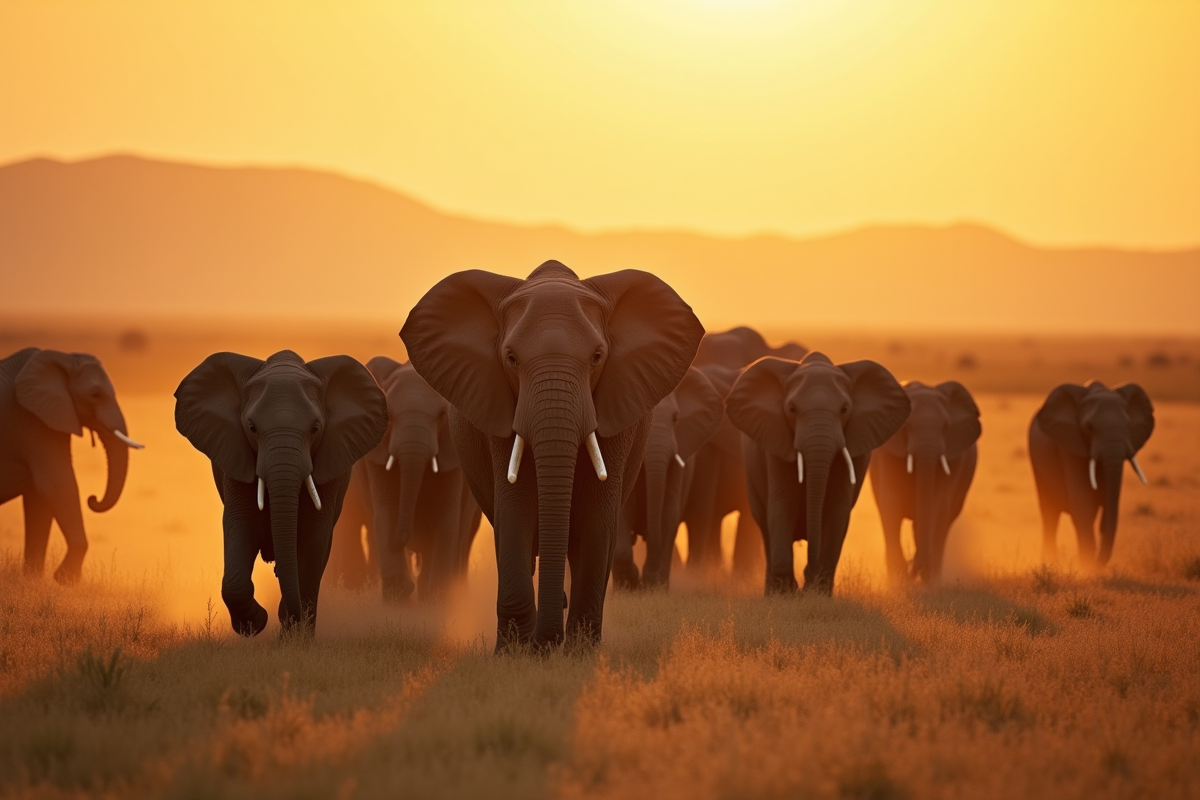 Herde d'elephants marchant dans la savane africaine au lever du soleil
