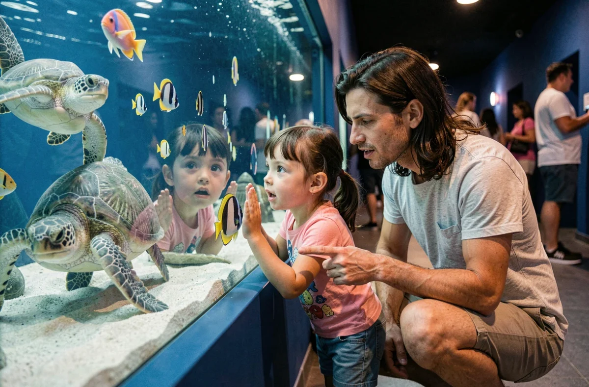 Enfants émerveillés devant les poissons de l'aquarium de Palerme en Sicile