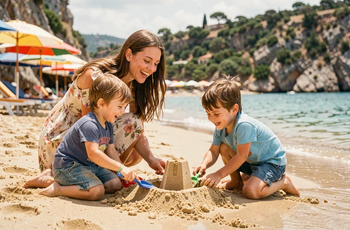 Enfants construisant des châteaux de sable sur une plage de Sicile près de Cefalù