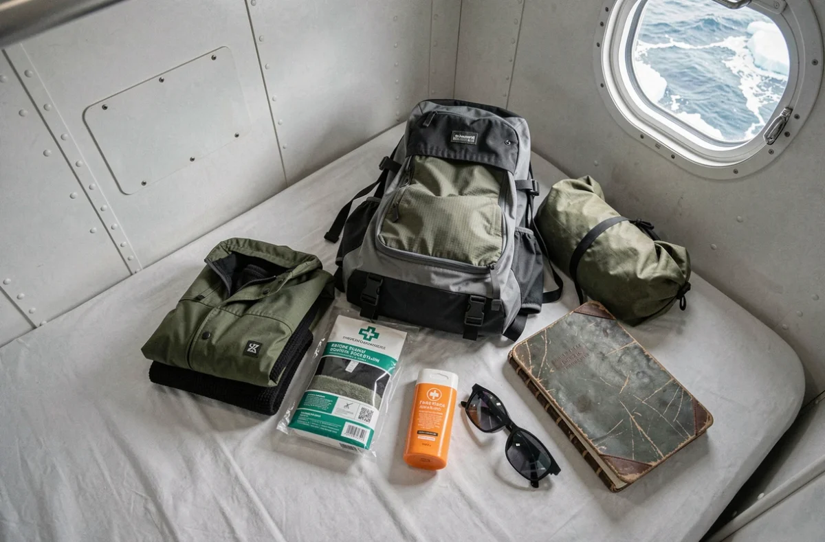 Équipement de voyage et vêtements techniques préparés pour une croisière en Arctique dans une cabine de navire