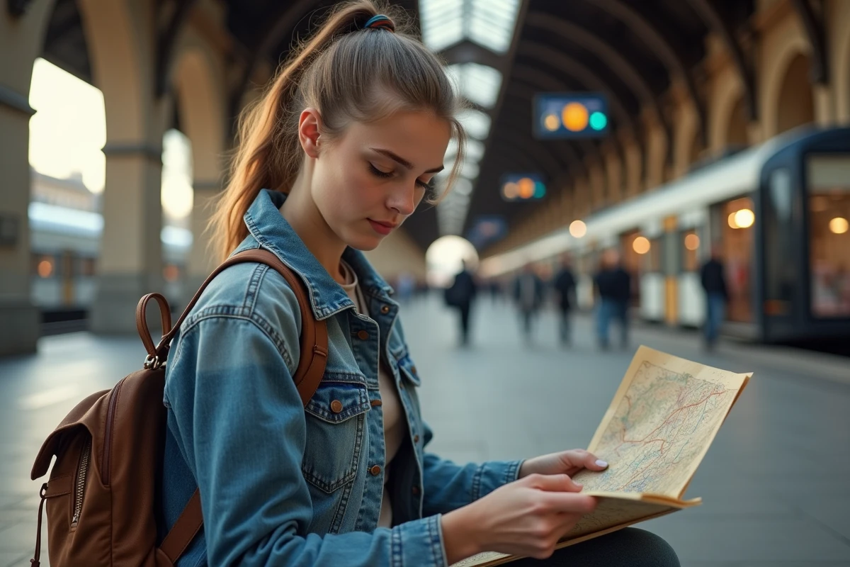 Jeune femme étudiante consultant une carte de train sur un quai de gare européenne avec son sac à dos