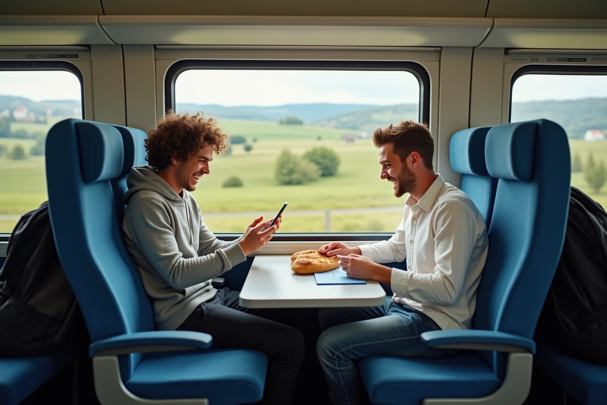 Deux étudiants riant dans un train intercités européen en consultant une application de réservation Eurorail