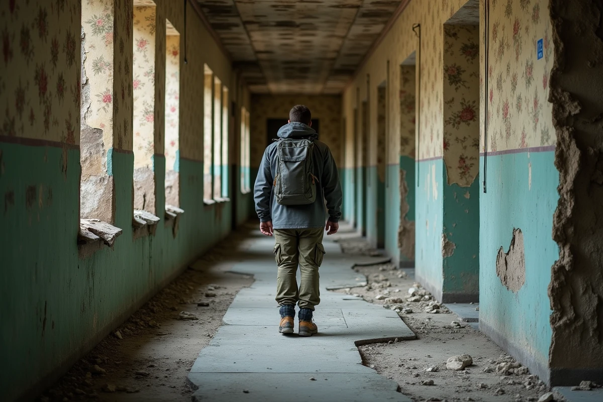 Explorateur solitaire dans le couloir délabré d'un bâtiment abandonné avec papier peint décollé et carrelage brisé