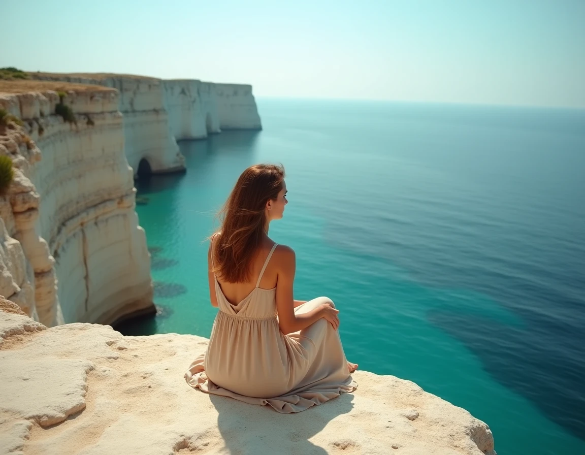Falaises calcaires de Polignano a Mare dans les Pouilles avec une jeune femme contemplant la mer Adriatique