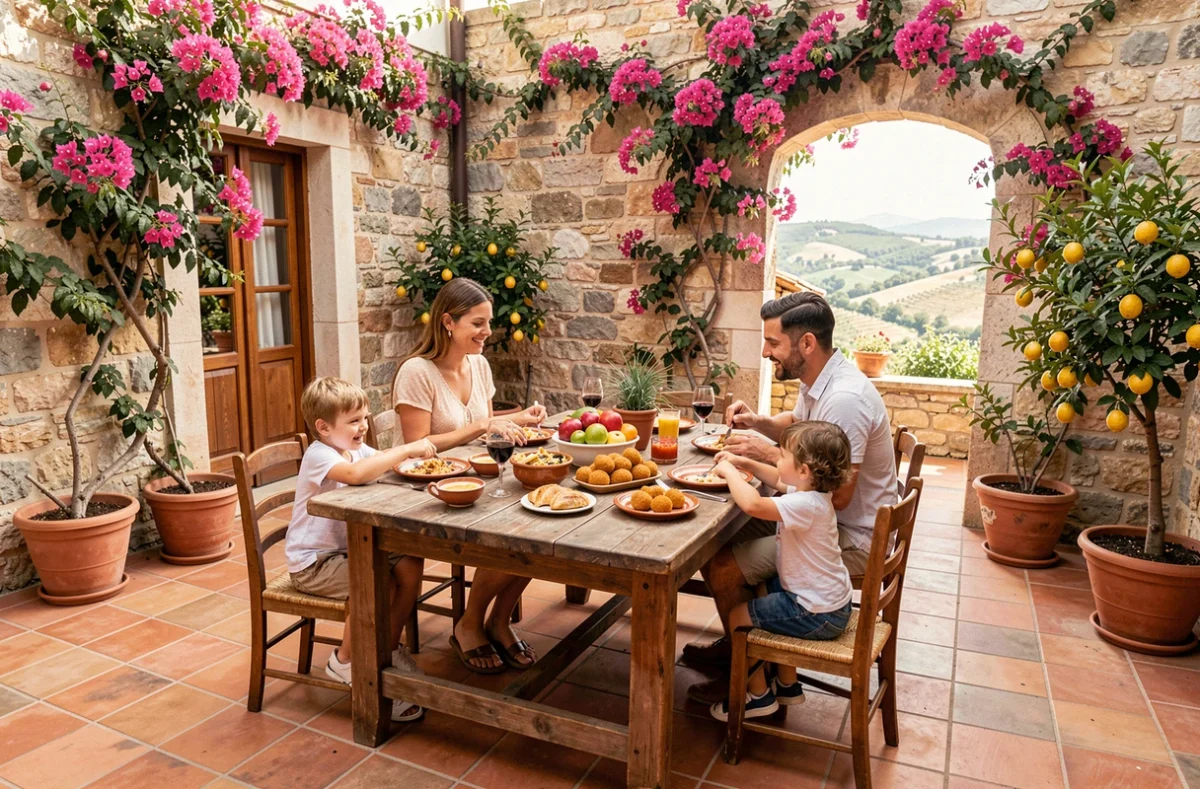 Famille avec enfants au petit-déjeuner dans un agriturismo sicilien avec vue sur la campagne
