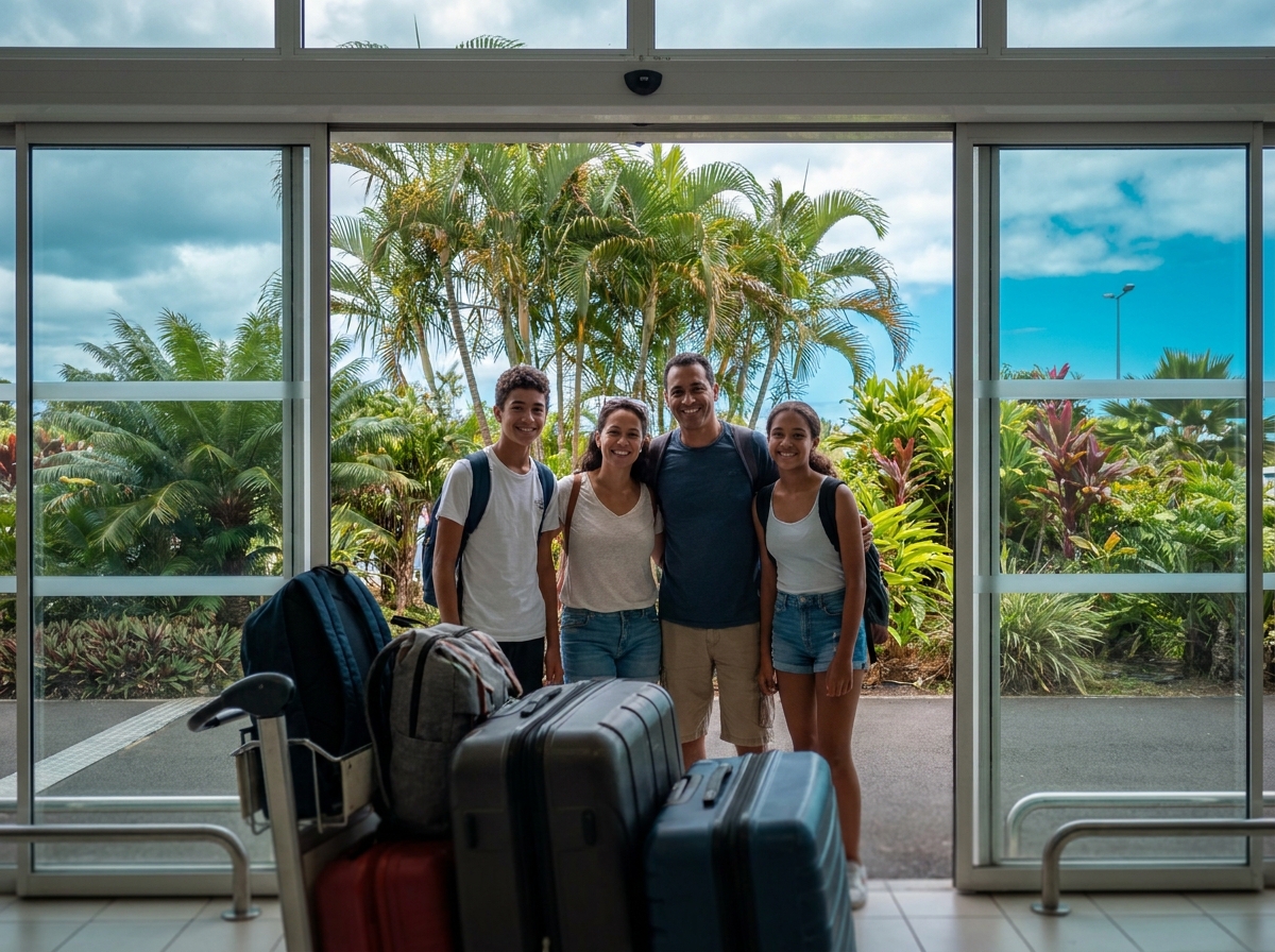 Famille souriante à la sortie de l'aéroport Roland Garros avec la végétation tropicale de La Réunion en arrière-plan