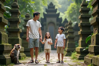Famille souriante dans la for&ecirc;t de Bali avec singe curieux