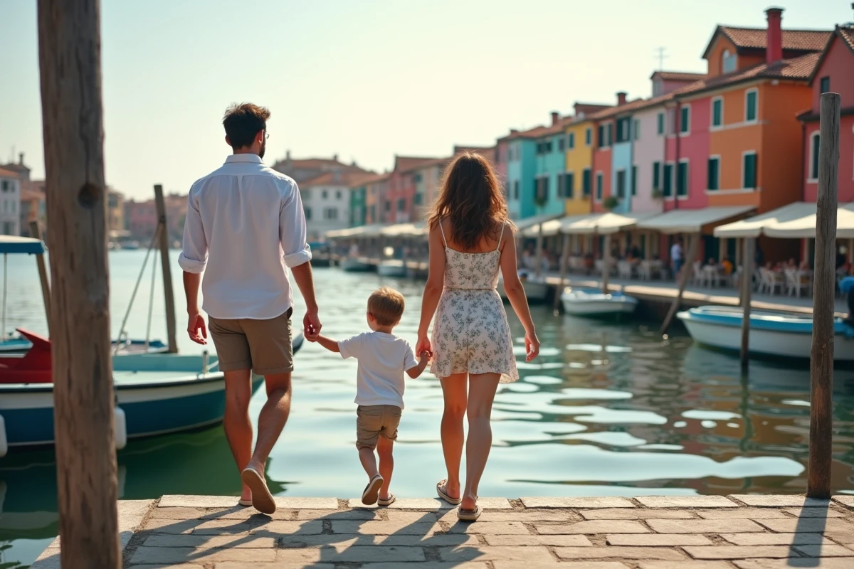 Famille arrivant à Burano avec maisons colorées en arrière-plan