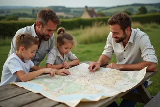 Famille autour d'une carte routière de Normandie dépliée sur une table en bois en plein air