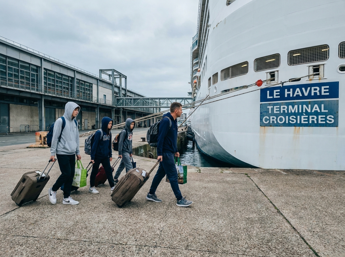 Famille avec bagages marchant sur le quai du port du Havre vers un paquebot de croisière abordable