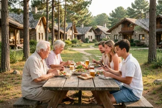 Famille multigénérationnelle partageant un repas en plein air dans un village de vacances Iris Vacances entouré de pins et de chalets en pierre