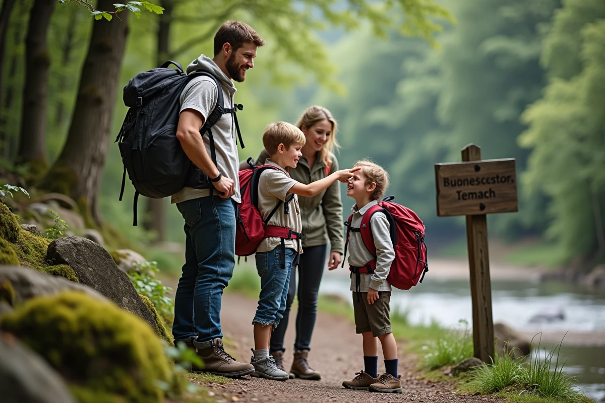 Famille de quatre en randonnée dans la nature