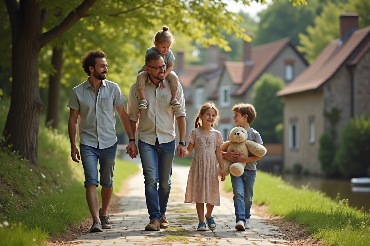 Famille se promenant au bord de la rivière dans un village