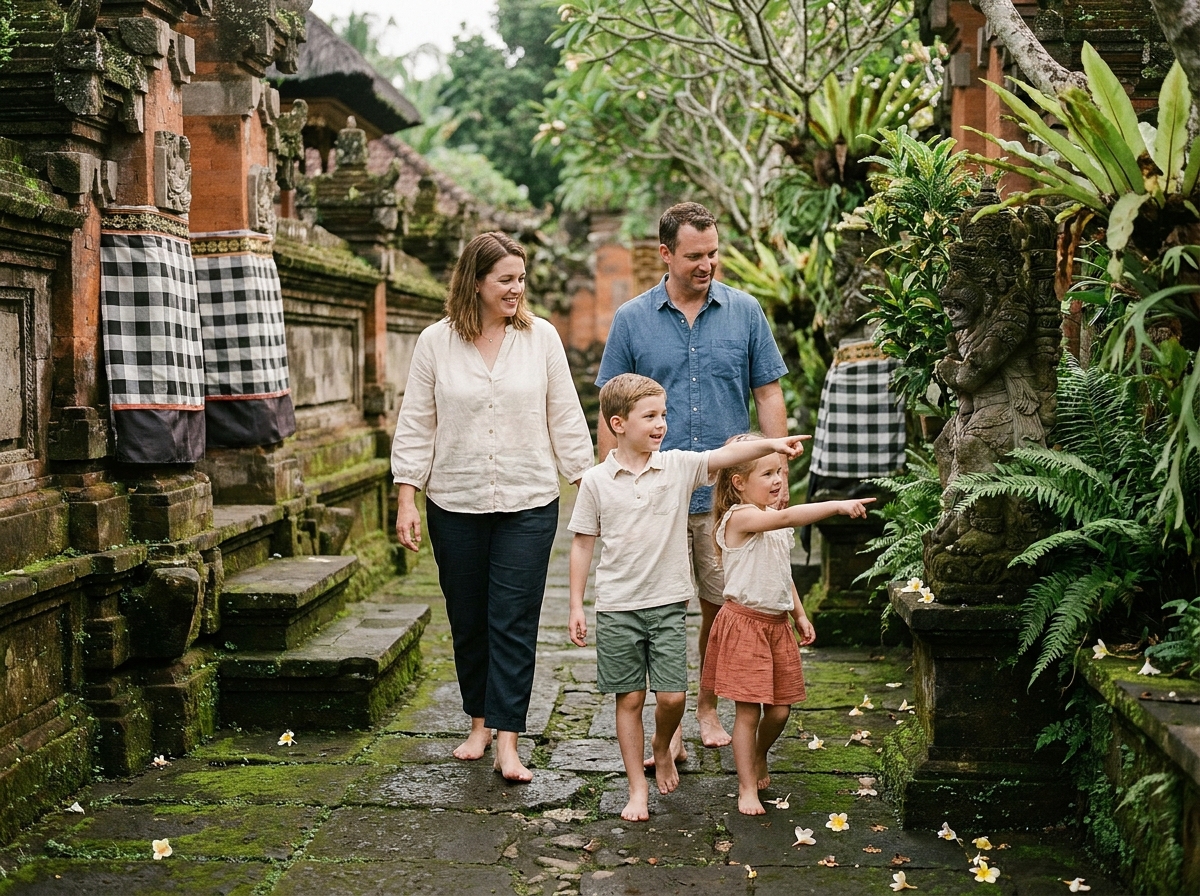 Famille avec enfants explorant un temple balinais traditionnel entouré de végétation tropicale à Bali