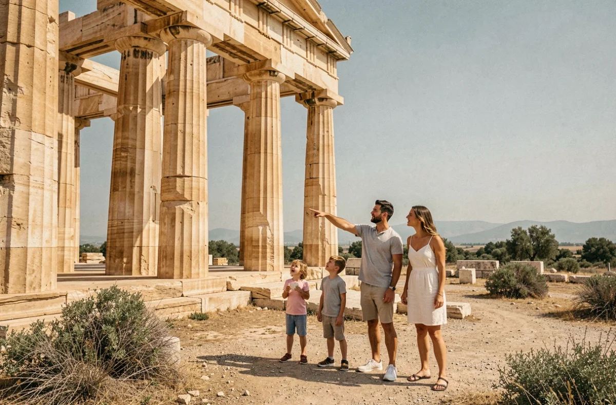 Famille avec jeunes enfants visitant les temples grecs d'Agrigente en Sicile