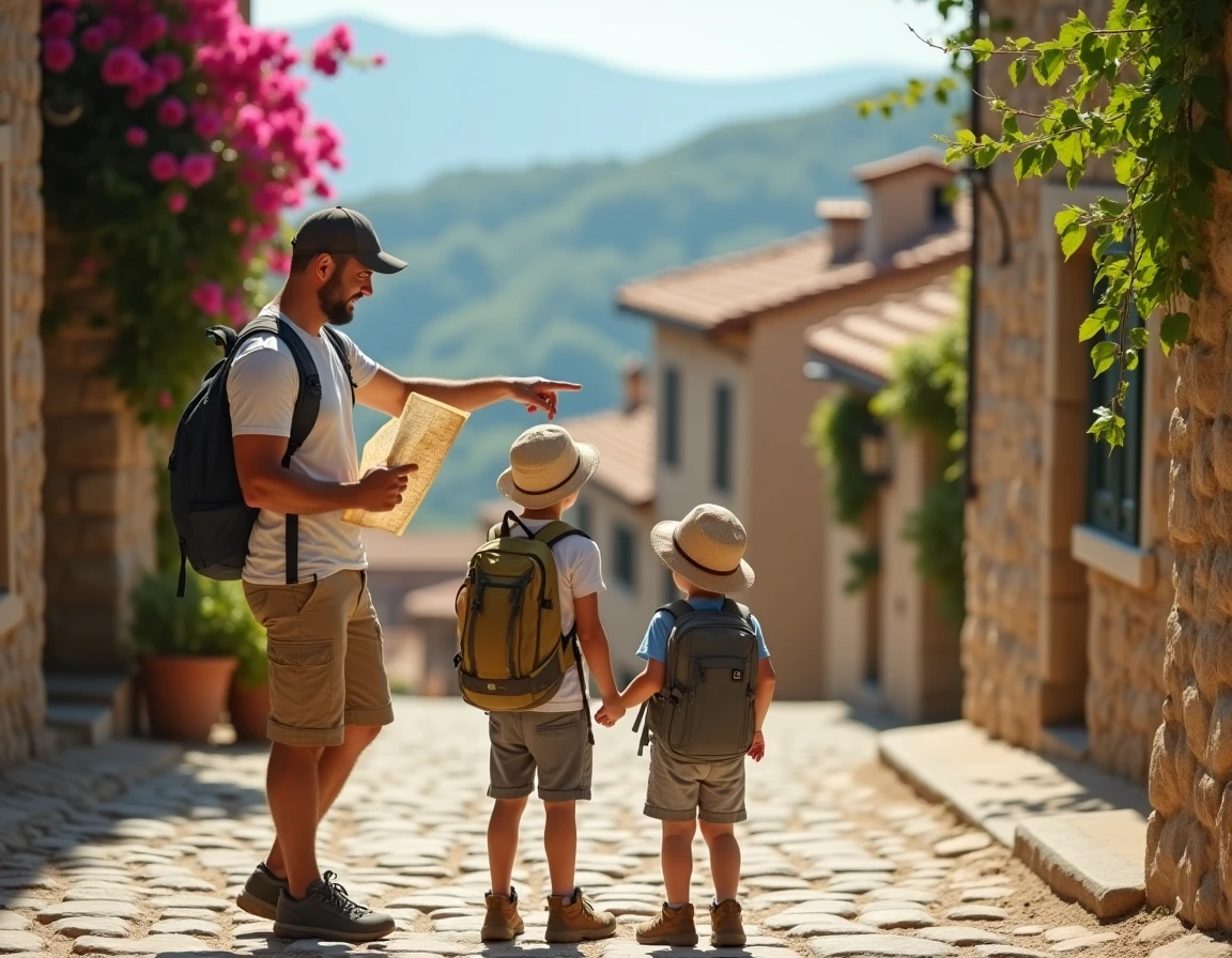 Père et enfants explorant un village de montagne lors de vacances en famille pas chères en été