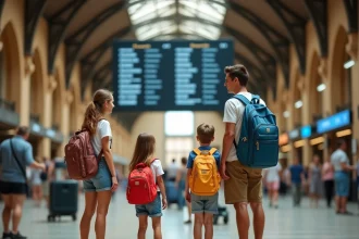 Famille avec enfants dans une gare européenne lors d'un voyage en août à petit budget