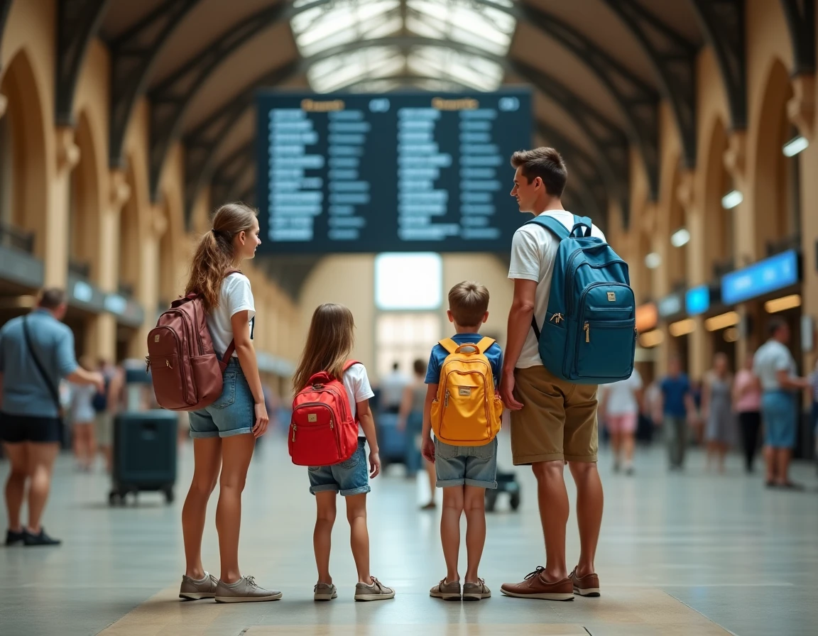 Famille avec enfants dans une gare européenne lors d'un voyage en août à petit budget