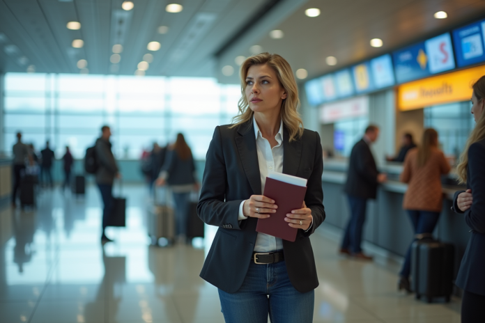 femme-aeroport-passeport Femme à l'aéroport présentant son passeport et documents