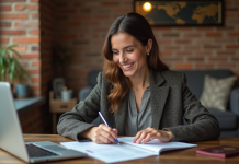 Femme souriante remplissant papiers santé dans un intérieur cosy