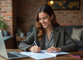 Femme souriante remplissant papiers santé dans un intérieur cosy