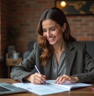 Mutuelle santé à l’étranger : couverture, garanties et solutions adaptées Femme souriante remplissant papiers santé dans un intérieur cosy