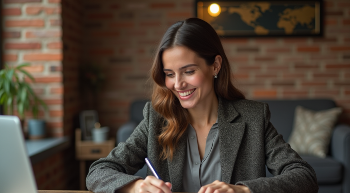 Femme souriante remplissant papiers santé dans un intérieur cosy