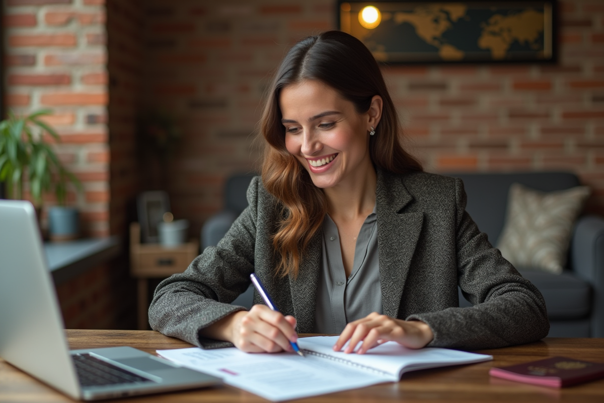 Femme souriante remplissant papiers santé dans un intérieur cosy
