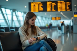 Femme regardant sa montre dans un aéroport moderne