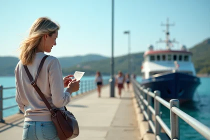 Femme d'âge moyen vérifiant l'heure au quai de Porquerolles