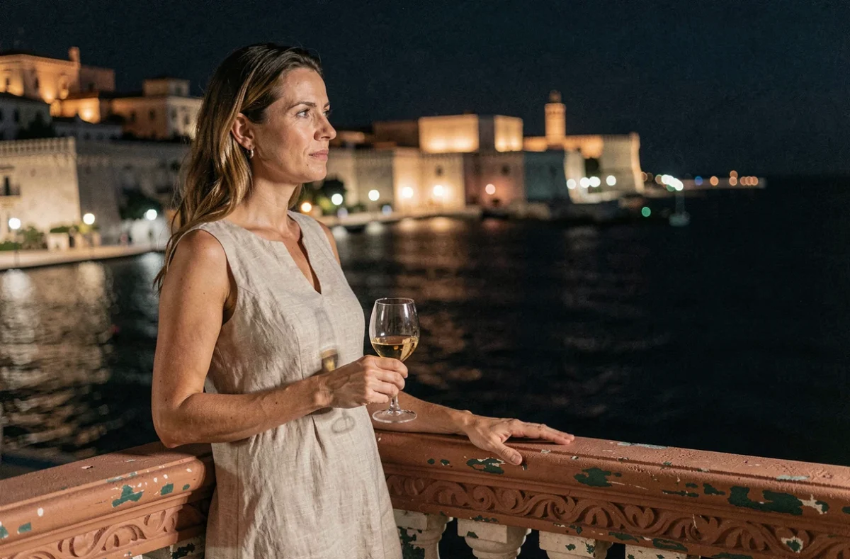 Femme contemplant le panorama nocturne de La Valette depuis un balcon maltais traditionnel avec un verre de vin