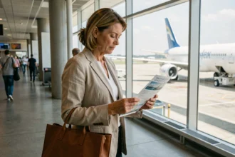 Femme consultant une brochure de croisière dans un aéroport avant son vol, illustration pour choisir une offre croisière vol inclus