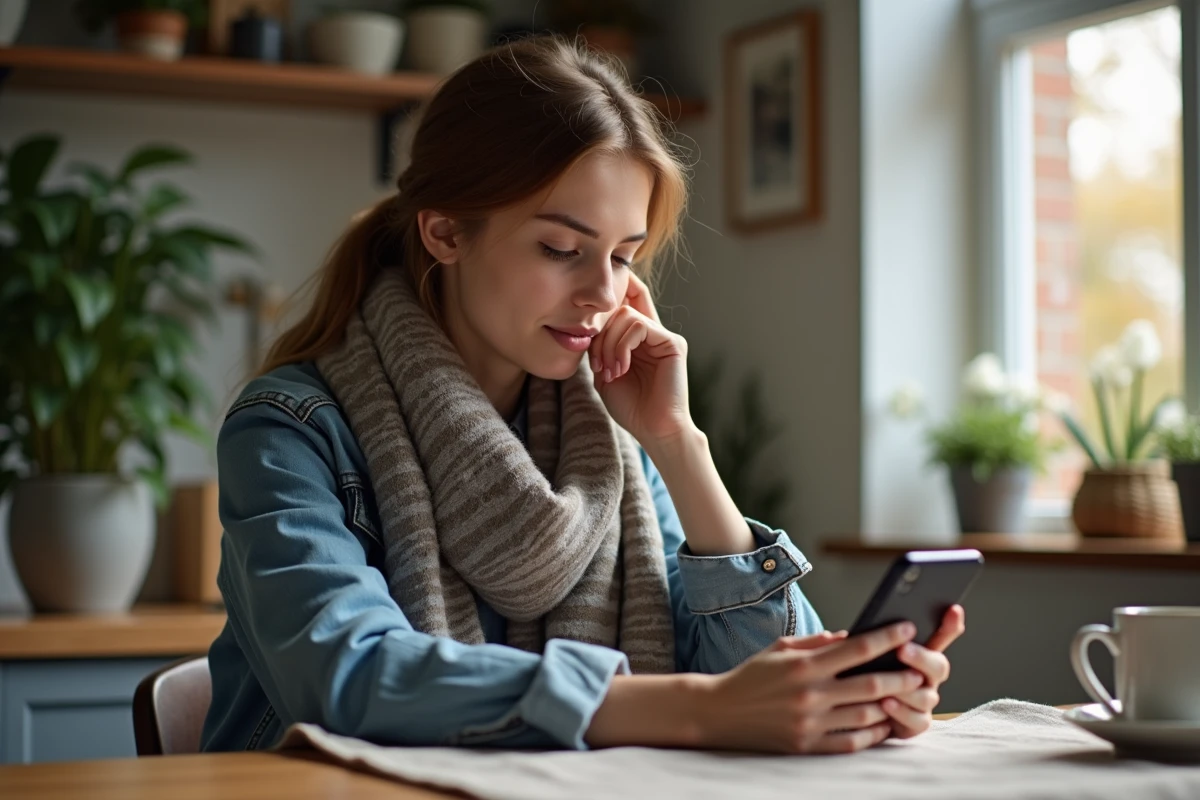 Jeune femme en denim et foulard consulte une application de covoiturage