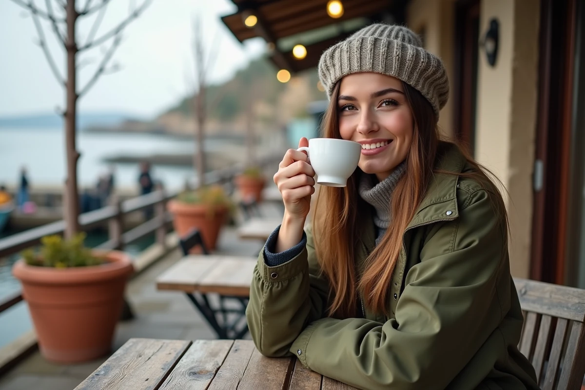 Jeune femme au café terrasse avec vue sur le port de La Cotinière