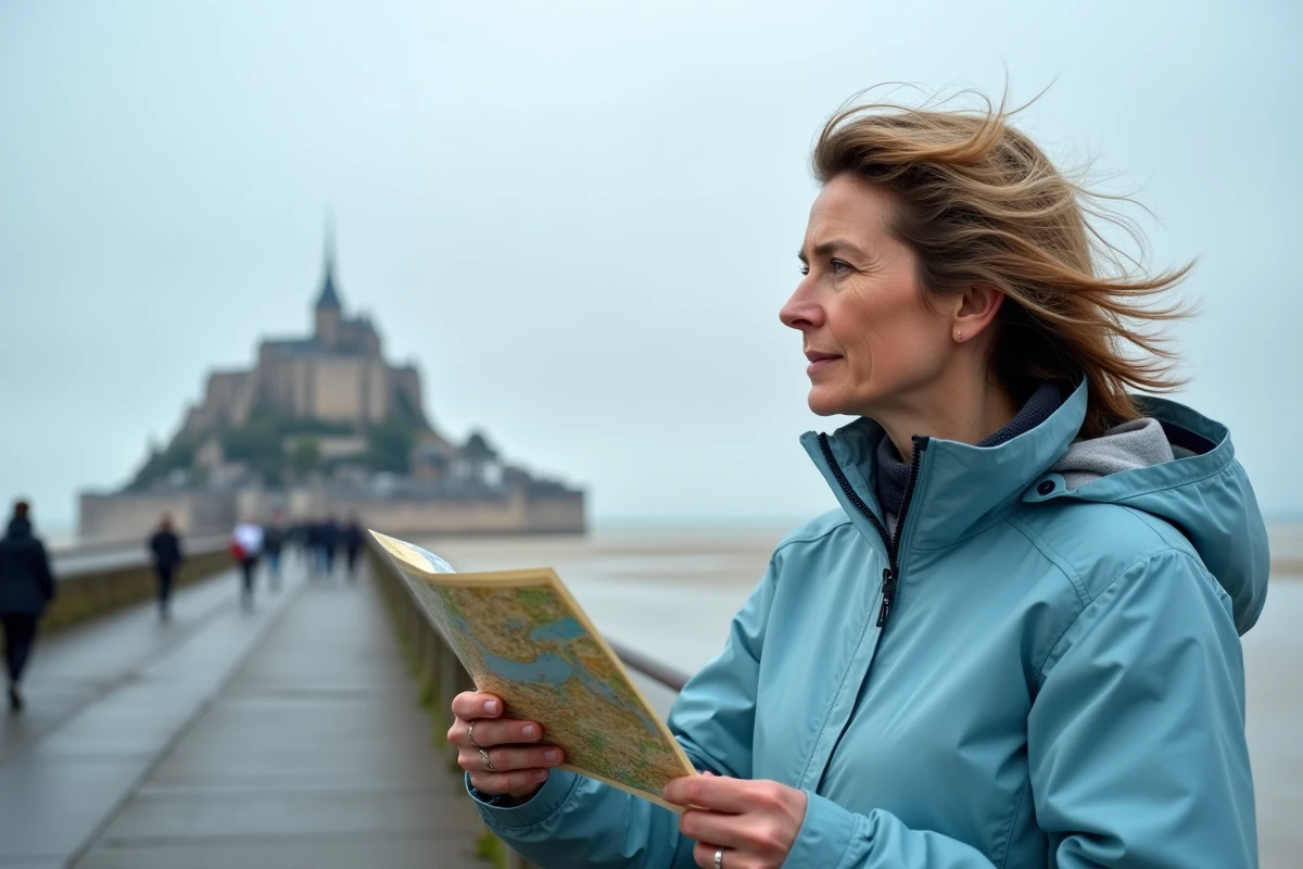 Femme consultant une carte de Normandie devant le Mont-Saint-Michel