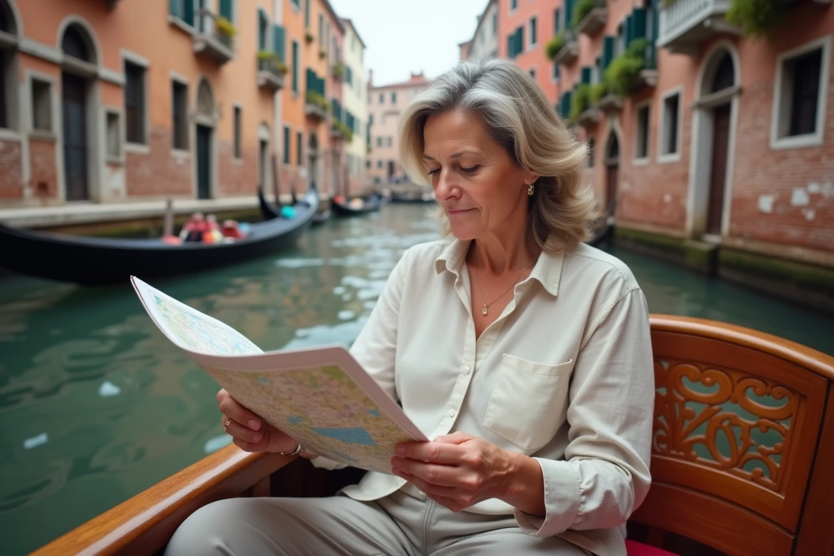 Femme lisant une carte de Venise dans un taxi sur le canal