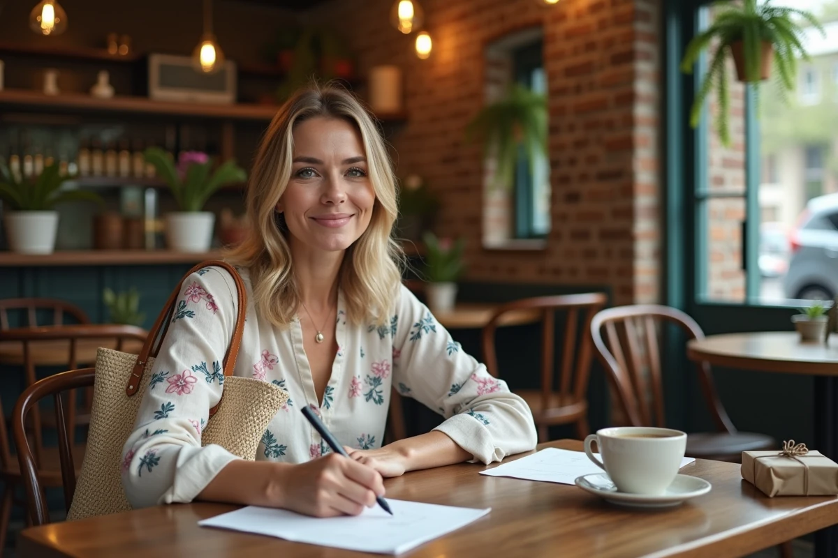 Femme rédigeant une carte de vœux de départ en vacances dans un café chaleureux avec style et élégance