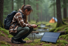 Jeune femme en forêt chargeant son smartphone avec panneau solaire