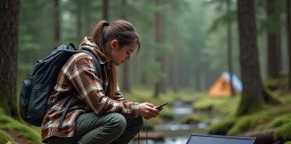 Camping sauvage : comment obtenir de l’électricité en pleine nature ? Jeune femme en forêt chargeant son smartphone avec panneau solaire