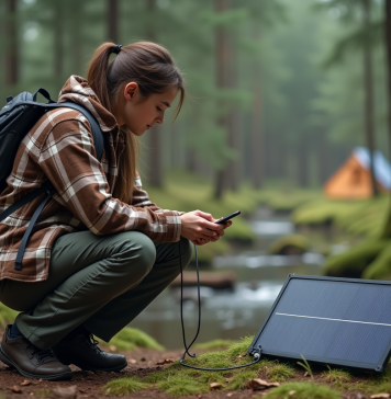 Camping sauvage : comment obtenir de l’électricité en pleine nature ? Jeune femme en forêt chargeant son smartphone avec panneau solaire
