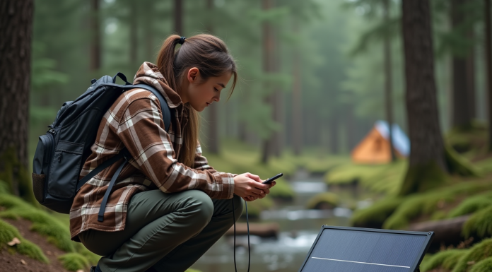 Camping sauvage : comment obtenir de l’électricité en pleine nature ? Jeune femme en forêt chargeant son smartphone avec panneau solaire