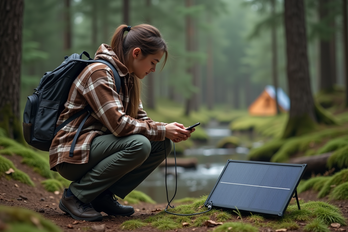 Jeune femme en forêt chargeant son smartphone avec panneau solaire